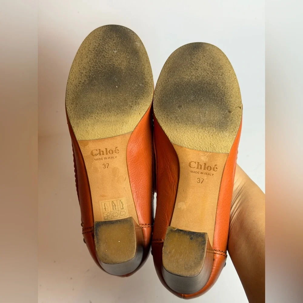 Chloe Orange Leather Pumps Block Heel Penny Loafers Size 37